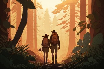 Wall Mural - Two People Walking Through A Forest With Backpacks On Their Backs Forest Trail At Sunset Travel Photography Adventure Travel Generative AI 