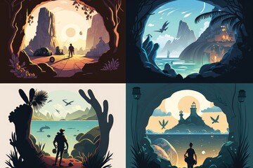 Wall Mural - Four Different Illustrations Of A Man Standing In A Cave With A View Of A Mountain Coral Reef Animation National Parks Generative AI 