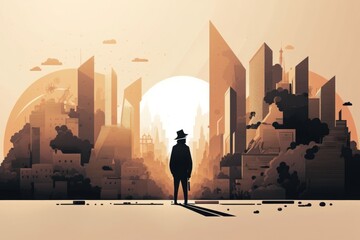 Wall Mural - A Man Standing In Front Of A City Skyline With A Sun Setting Modern City Skyline At Sunset Animation Cities