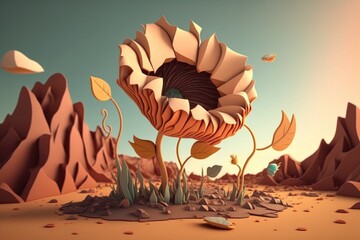 Wall Mural - A Computer Generated Image Of A Flower In A Desert Landscape With Rocks And Grass Desert Animation Motion Graphics Generative AI 