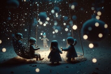 Wall Mural - Three Little Girls Sitting On Swings In The Dark With Bubbles Floating Around Amusement Park Video Art Motion Graphics Generative AI 