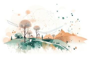 Wall Mural - A Painting Of A Landscape With Trees And A Sky Background With Dots Wind Farm Environmental Art Data Analytics Generative AI 