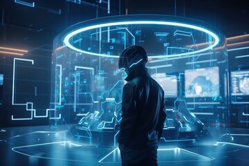 Poster - A Man In A Futuristic Suit Standing In Front Of A Tv Conference Room Animation Virtual Reality