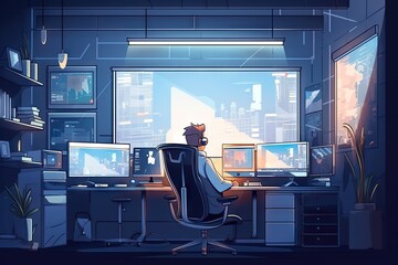 A Computer Desk With A C
at Sitting On Top Of It In Front Of A Window Radio Station Animation Gaming