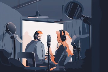 Poster - A Man And Woman Are Recording In A Studio With Headphones Recording Studio Animation Radio Production