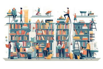 Wall Mural - A Group Of People Standing Around A Bookshelf Filled With Books Library Typography Book Design