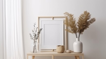 Wall Mural - Empty square frame mockup in modern minimalist interior with plant in trendy vase on white wall background, generative ai