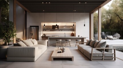 Wall Mural - Stylish outdoor living space with a modern outdoor kitchen, comfortable seating, and a large pool. generative ai