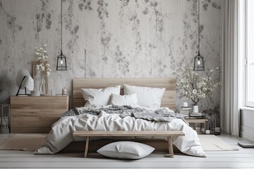 Poster - White and gray farmhouse bedroom mockup. Wallpaper and wood furniture. Boho decor,. Generative AI