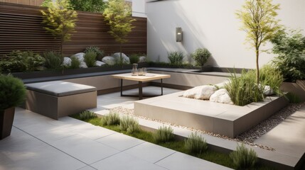 the exterior of a modern back garden patio area, minimalistic, generative ai
