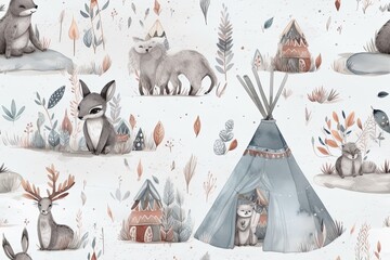 Boho kids' seamless pattern. Children's game wigwams, charming rabbits, deer, and toys on a gray backdrop. Wallpaper, textile, print, baby room, and infant design. Generative AI