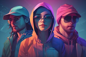 Three People Wearing Sunglasses And Hats In A Digital Painting Style One Of Them Is Wearing A Hoodie Arcade Photorealism Digital Illustration