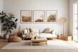 Contemporary Scandinavian living room. 3 frames. Empty wall mockup in white room with hardwood floor and many dried plants. Excellent. Generative AI