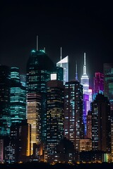 Sticker - Vibrant illuminated neon city skyline at night. Generative AI