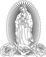 Virgen Mary Our Lady of Guadalupe , black white vector