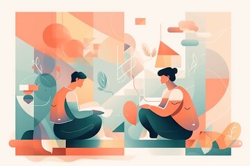 Wall Mural - Two People Sitting On A Bench In Front Of A Window With A Laptop Library Graphic Design Infographic Design