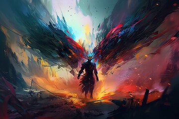 
A Man With A Large Bird Wings Standing In A Dark Colorful Landscape Volcano Digital Art War Generative AI 