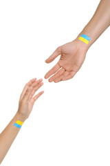 Wall Mural - Man and woman with painted Ukrainian flags on their hands against white background, closeup