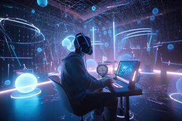 A Man In A Futuristic Room Using A Laptop Computer With A Headphone On Workshop Video Art Virtual Reality Generative AI 