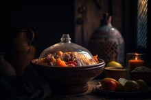 A Bowl Of Food On A Table With A Candle And Other Items Restaurant Food Photography Food Photography Generative AI 