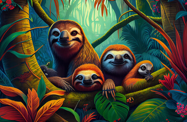 Colorful Jungle with a family of slow loris monkeys, forest natural scenery with trees, monkey and magical landscape of nature