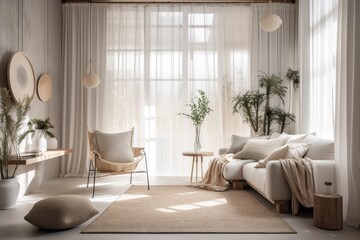 Poster - White curtains over bohemian wooden living room, clipping path, vertical folds, delicate tulle textile texture, stage idea with copy space,. Generative AI