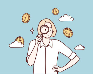 Wall Mural - a woman observing a huge coin with a magnifying glass. financial study, observation concept. hand dr