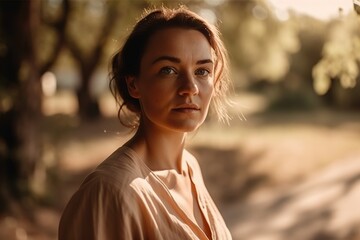 Wall Mural - A Woman Standing In A Park With Trees In The Background And A Dirt Road Savanna Portrait Photography Portrait Photography Generative AI 