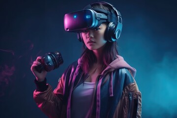 Wall Mural - A Woman Wearing A Virtual Reality Headset Holding A Camera And A Camera Arcade Stereoscopic Photography Virtual Reality Generative AI 