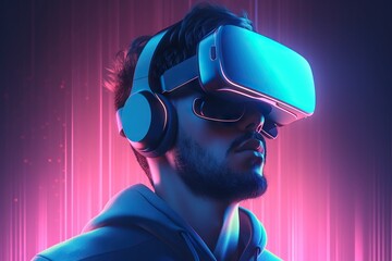 Wall Mural - A Man Wearing A Virtual Reality Headset In Front Of A Neon Background Construction Site Stereoscopic Photography Virtual Reality Generative AI 