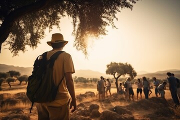 Wall Mural - A Man With A Backpack Is Standing Under A Tree With A Group Of People Mountain Trail In Summer Travel Photography Adventure Travel Generative AI 