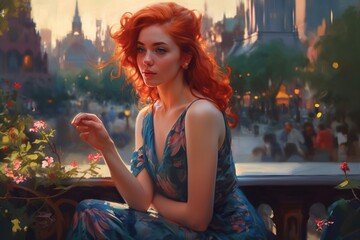 Wall Mural - A Painting Of A Woman Sitting On A Ledge With Flowers In Her Hand European City Street At Sunset Photorealism Oil Painting Generative AI 