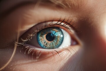 Wall Mural - A Close Up Of A Person's Eye With A Blue Iris Marina Photorealism Medical Photography Generative AI 