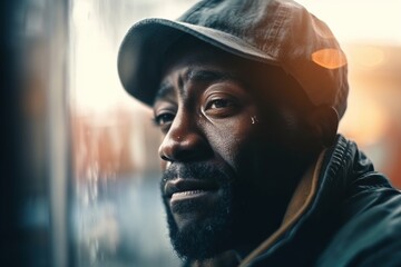 Wall Mural - A Man With A Hat Looking Out A Window At The Street Urban Street Portrait Photography Homelessness Generative AI 