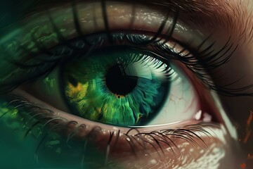 Wall Mural - A Close Up Of A Green Eye With A Blue Iris And Yellow Iris Marina Photorealism Digital Painting Generative AI 