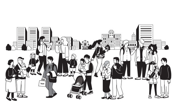 街を歩く人々の線画のイラスト