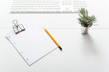 Wall Mural - white office table, computer keyboard and little lavender plant, note papers, pencil