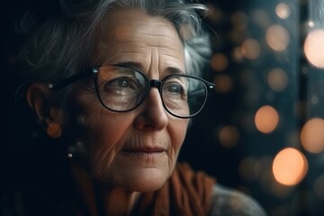 Wall Mural - An Older Woman Wearing Glasses Looking Out A Window At The Lights Oasis Advertising Photography Retirement Planning Generative AI 