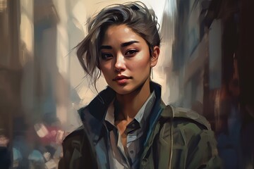 Wall Mural - A Painting Of A Woman In A Jacket And A City Street Urban Street Photorealism Digital Painting Generative AI 