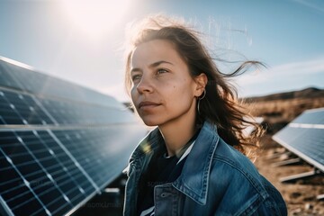 Wall Mural - A Woman Standing In Front Of A Row Of Solar Panels In A Field Solar Farm Portrait Photography Solar Panels Generative AI 