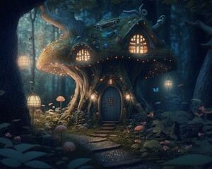 Wall Mural - Fairytale Mushroom House on a Moonlit Night. Warmly Lit Storybook Cottage with Mushrooms, Flowers, Butterflies, and Cobblestones. [Modified from Generative AI Illustrations.] 