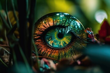 Wall Mural - A Close Up Of A Green Eye With A Red Flower In The Background Zoo Macro Photography Vision Generative AI 