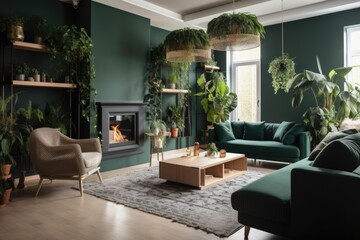 Sticker - Lovely living area with fireplace, green houseplants, and cozy couch. Generative AI