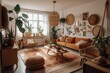 Lovely Scandi boho living room with natural ratan carpet, couch, wooden table, plants, and wall gallery. Modern earthy interior. Generative AI