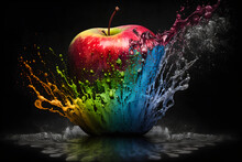 Apple With Colorful Splashes Of Water On Black Background. Liquid Splashing On Fresh Red Apple Fruit. Generative AI Illustration On A Dark Black Background