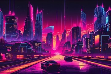 Wall Mural - Beautiful Cyberpunk Cityscape with a sunset, Glitchy Animation style | Cyberpunk Wallpaper/Background |