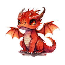 Cute Red Baby Fantasy Kawaii Dragon With Wings Watercolor Clipart. Generative AI Illustration
