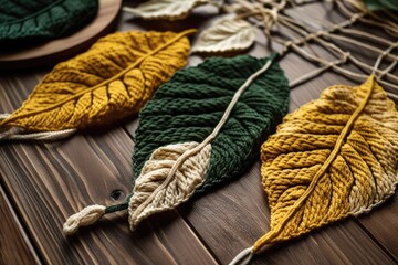 Poster - Yellow, green, and natural macrame leaves on wood. Decorate with cotton rope macrame. Generative AI