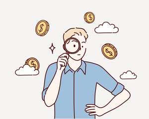 Wall Mural - a man observing a huge coin with a magnifying glass. financial study, observation concept. hand draw