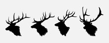Elk Head Silhouette Collection Set. Deer, Moose. Animal, Horn, Jungle, Hunting Concept. For Print, Poster, Sticker, And Other Designs. Monochrome Vector Illustration.
